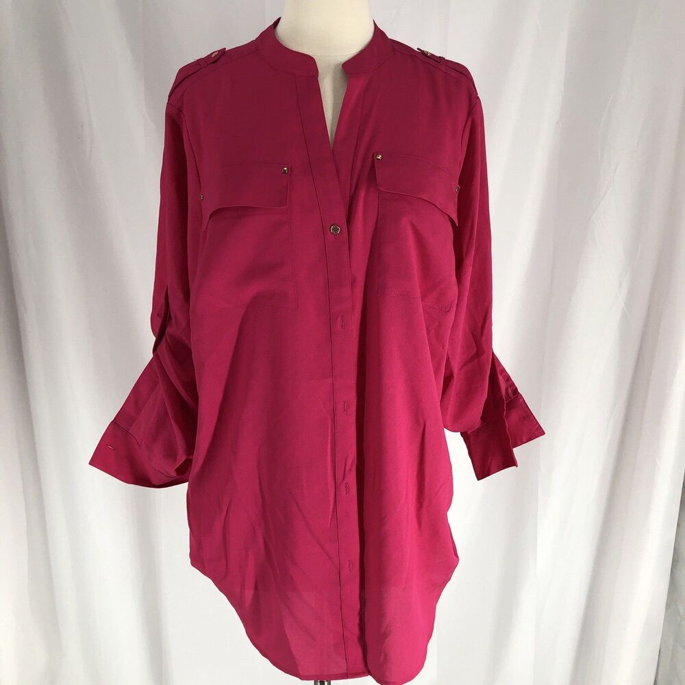 Calvin Klein Blouse Top, Fuisha, Tab Roll-Up Sleeve, Womens Size 0X